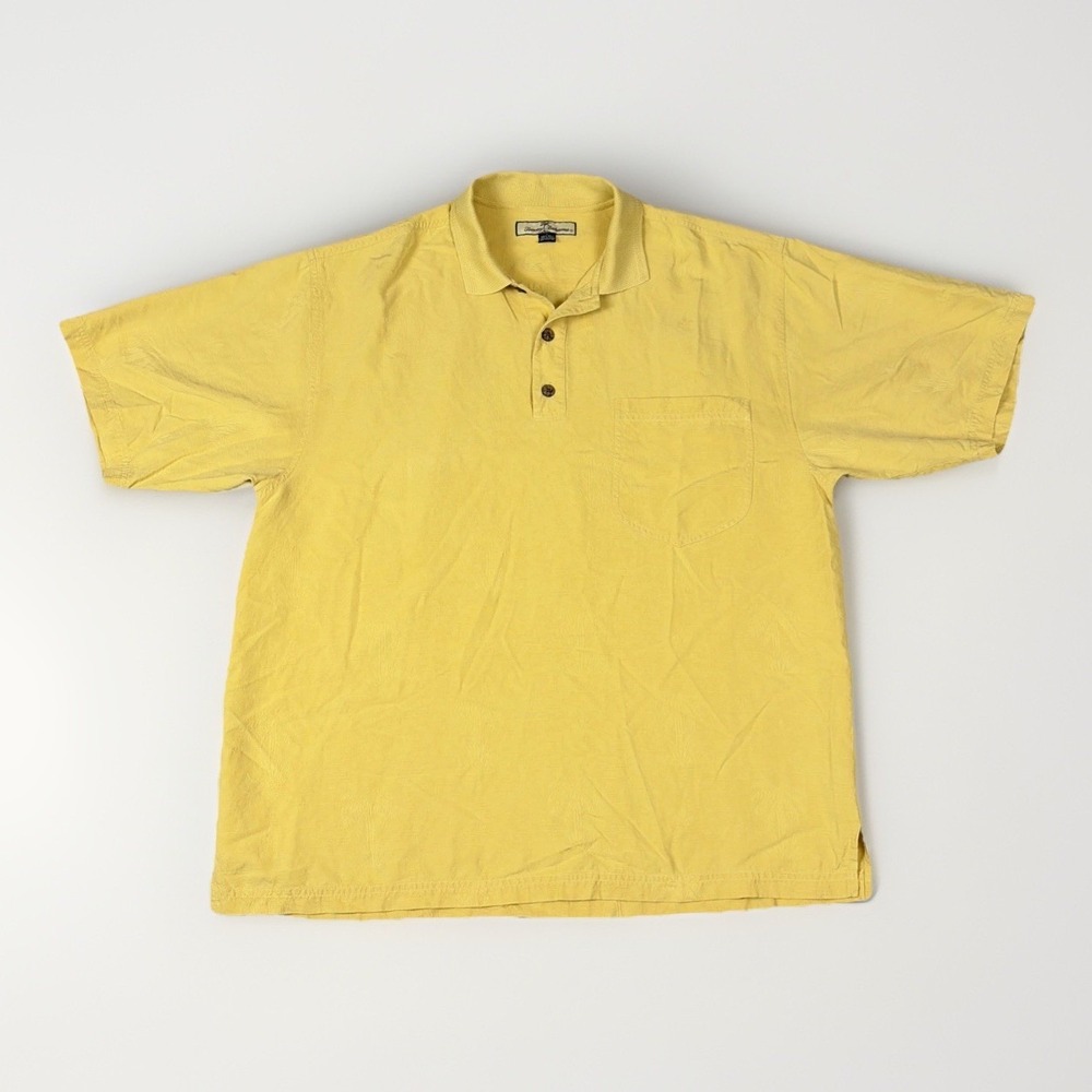 Tommy Bahama Polo Shirt Mens L Yellow Silk Jacquard Palm Tree Short Sleeve